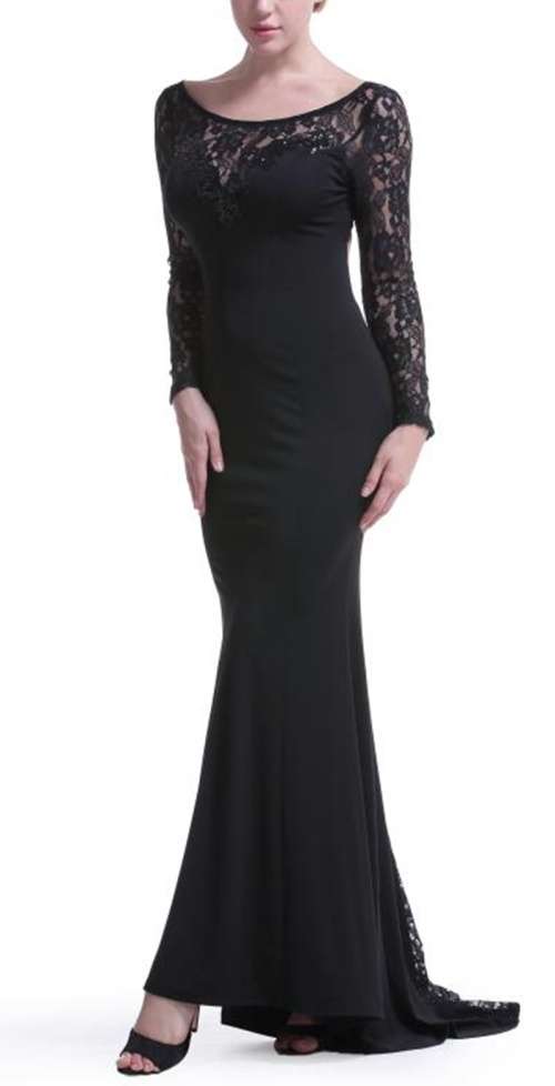 *WILD ROSE* Black Lace Upper Long Sleeve Evening Dress - M/L