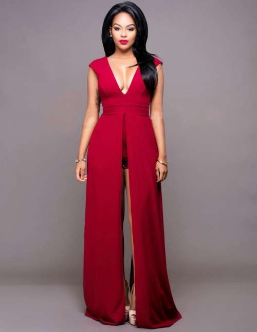 *WILD ROSE* Sexy Red V Neck Romper Maxi Shorts Dress - S/M/L/XL
