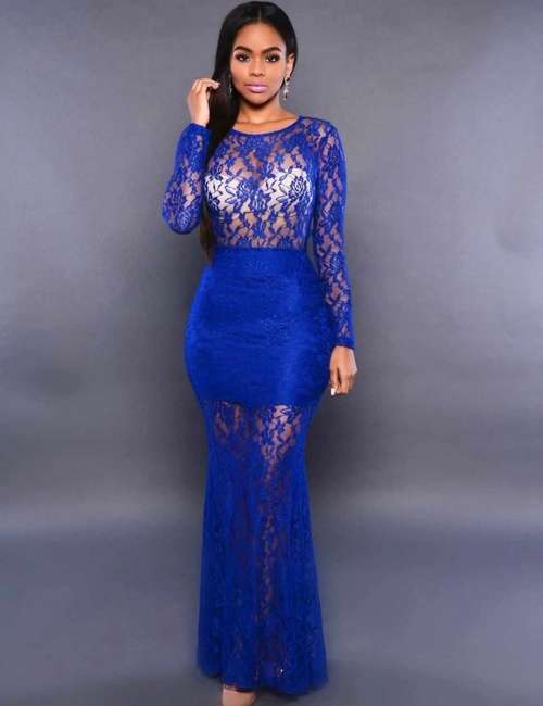 *LOCAL STOCK* Sexy Blue Lace Long Sleeve Maxi Evening Dress - MEDIUM (Fits: S/M)