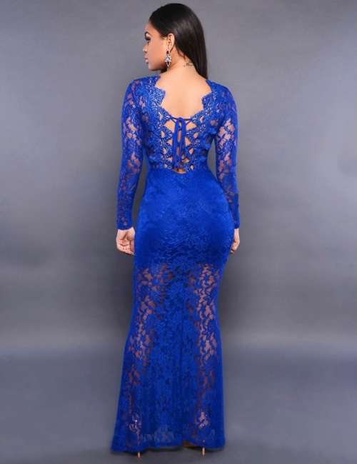 *LOCAL STOCK* Sexy Blue Lace Long Sleeve Maxi Evening Dress - MEDIUM (Fits: S/M)