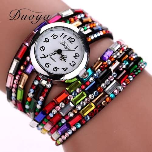 *LOCAL STOCK* Duoya Colourful Crystal Fashion Round Dial Black Leather Bracelet Wristwatch Watch