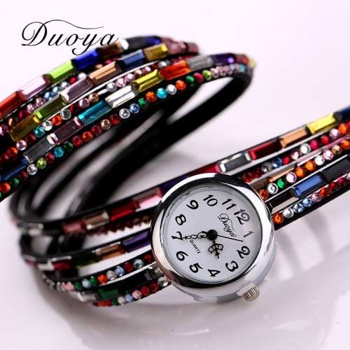 *LOCAL STOCK* Duoya Colourful Crystal Fashion Round Dial Black Leather Bracelet Wristwatch Watch