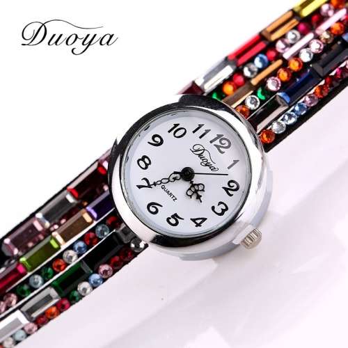 *LOCAL STOCK* Duoya Colourful Crystal Fashion Round Dial Black Leather Bracelet Wristwatch Watch