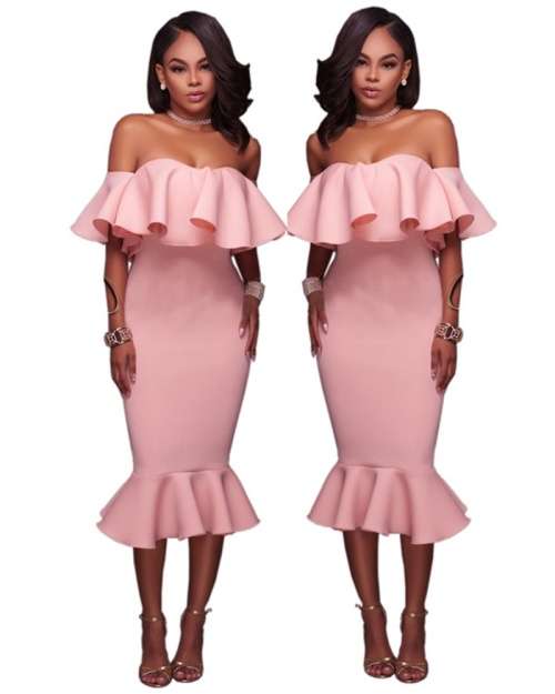 *WILD ROSE* Pink Ruffle Off Shoulder Mermaid Midi Party Dress - S/M/L/XL