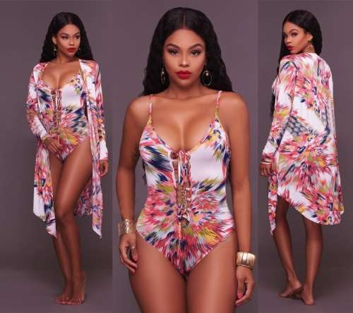 *WILD ROSE* Abstract Print Teddy Swimsuit with Long Cover Up - S/M/L/XL