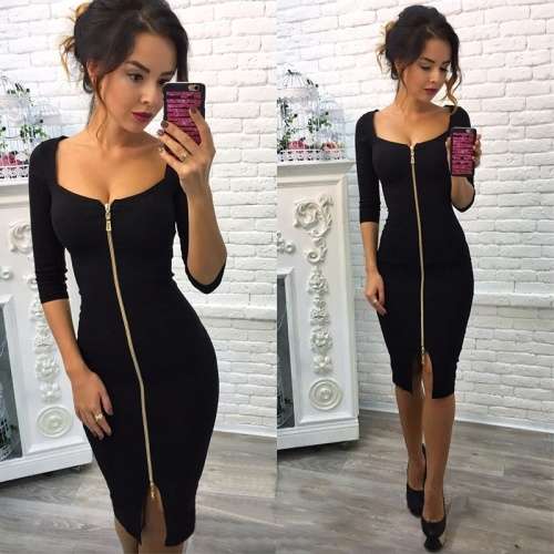 *LOCAL STOCK* Clearance! Sexy Black Zipped Up Curvy Dress with Mid Sleeves - MEDIUM