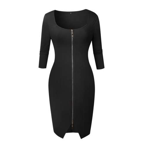 *LOCAL STOCK* Clearance! Sexy Black Zipped Up Curvy Dress with Mid Sleeves - MEDIUM