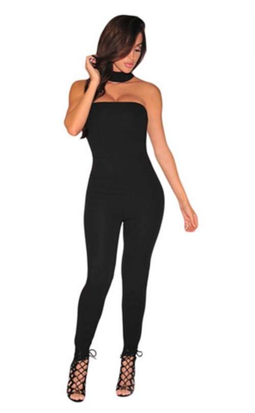 *LOCAL STOCK* Black Strapless Choker Neck Jumpsuit - MEDIUM
