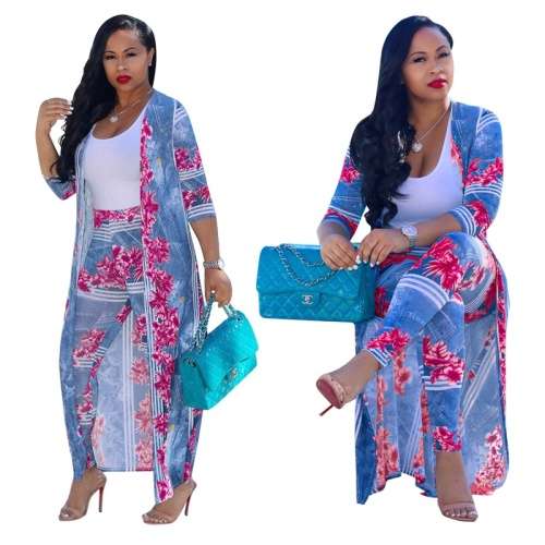 *WILD ROSE* Rose Pink Blue Print Two Piece Jacket & Pants Set - S/M/L/XL/2XL/3XL