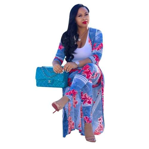 *WILD ROSE* Rose Pink Blue Print Two Piece Jacket & Pants Set - S/M/L/XL/2XL/3XL
