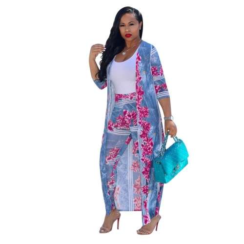 *WILD ROSE* Rose Pink Blue Print Two Piece Jacket & Pants Set - S/M/L/XL/2XL/3XL