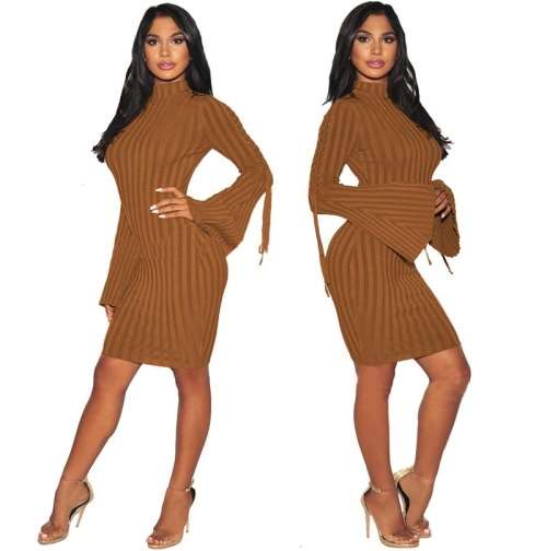 *WILD ROSE* Brown Lace Up Wide Cuff Sweater Dress - S/M/L/XL/2XL/3XL