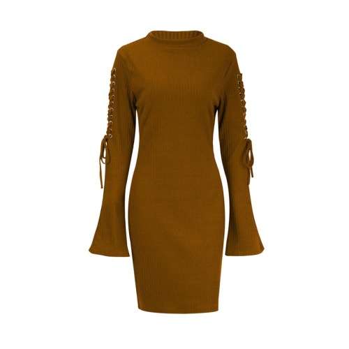 *WILD ROSE* Brown Lace Up Wide Cuff Sweater Dress - S/M/L/XL/2XL/3XL
