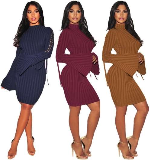 *WILD ROSE* Brown Lace Up Wide Cuff Sweater Dress - S/M/L/XL/2XL/3XL