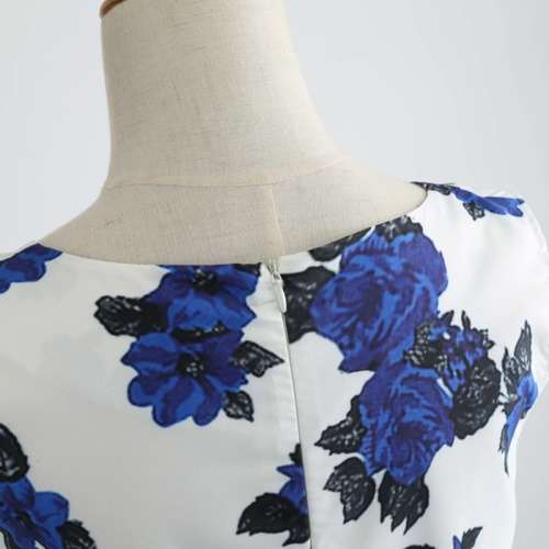 *LOCAL STOCK* Clearance! White Blue Rose Floral Retro Style Belted A Line Vintage Swing Dress - 2XL