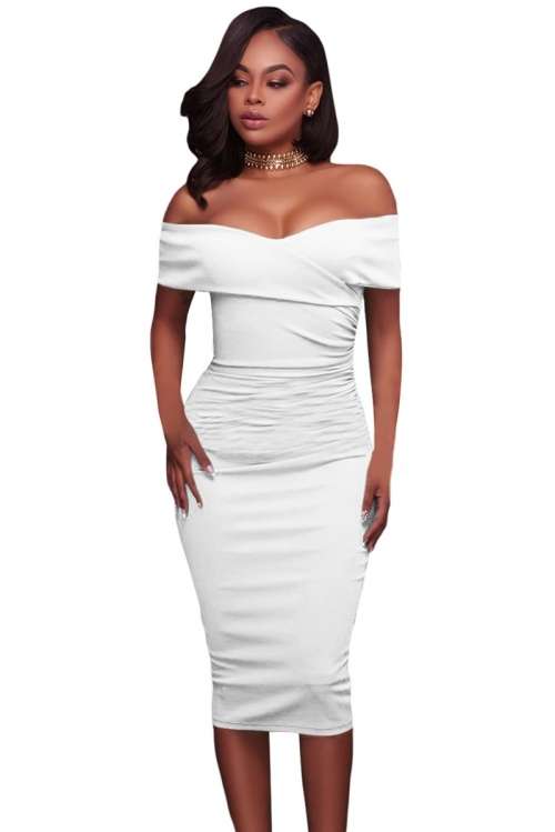 *WILD ROSE* White Ruched Off Shoulder Bodycon Midi Dress - S/M/L/XL
