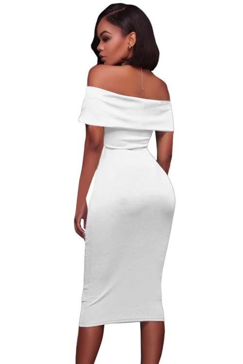 *WILD ROSE* White Ruched Off Shoulder Bodycon Midi Dress - S/M/L/XL