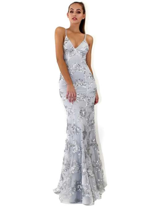 *WILD ROSE* Sexy Grey Silver Lace Up Back Evening Dress - S/M/L/XL