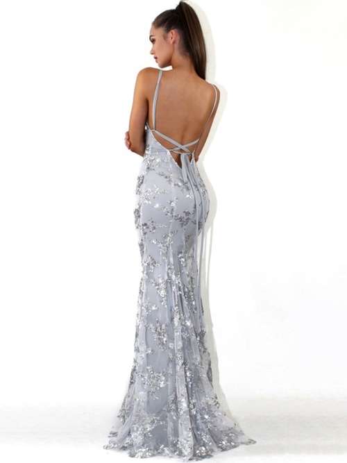 *WILD ROSE* Sexy Grey Silver Lace Up Back Evening Dress - S/M/L/XL