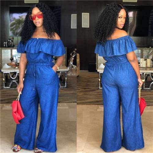 *WILD ROSE* Dark Blue Denim Ruffle Drawstring Pockets Off Shoulder Wide Leg Jumpsuit - S/M/L/XL/2XL