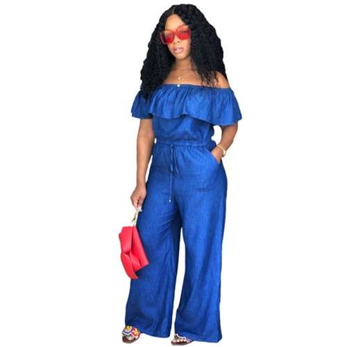 *WILD ROSE* Dark Blue Denim Ruffle Drawstring Pockets Off Shoulder Wide Leg Jumpsuit - S/M/L/XL/2XL
