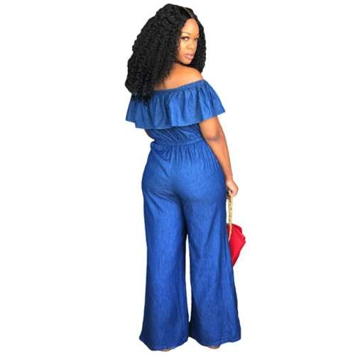 *WILD ROSE* Dark Blue Denim Ruffle Drawstring Pockets Off Shoulder Wide Leg Jumpsuit - S/M/L/XL/2XL