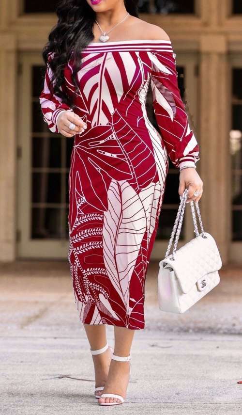 *WILD ROSE* Red Leaf Print Off Shoulder Formal Midi Dress - S/M/L/XL