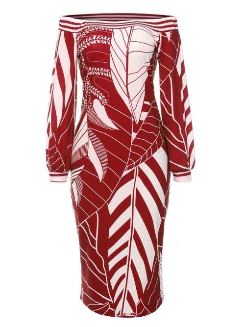 *WILD ROSE* Red Leaf Print Off Shoulder Formal Midi Dress - S/M/L/XL