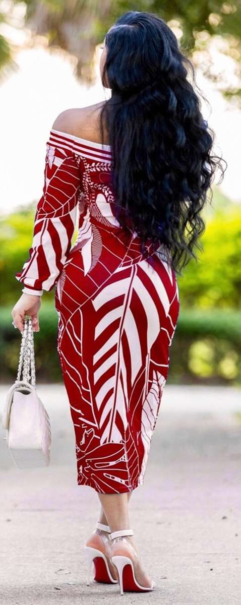 *WILD ROSE* Red Leaf Print Off Shoulder Formal Midi Dress - S/M/L/XL