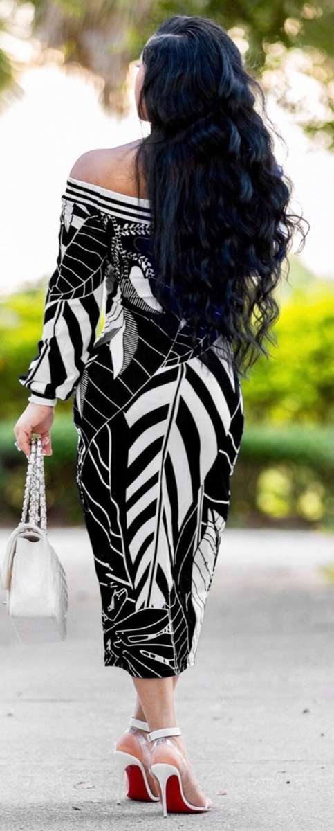 *WILD ROSE* Black Leaf Print Off Shoulder Formal Midi Dress - S/M/L/XL