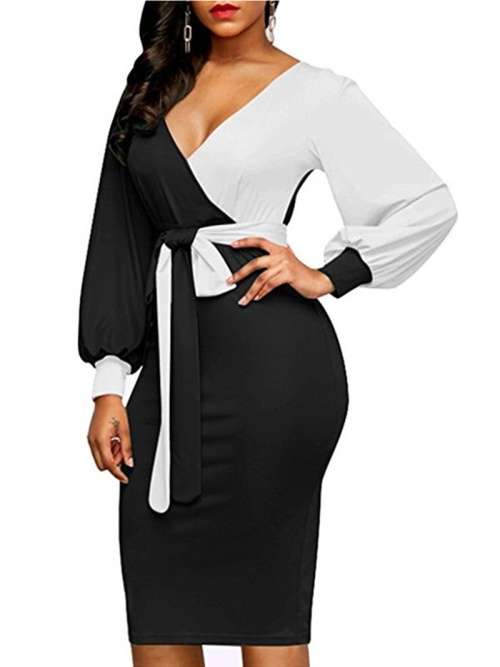 *WILD ROSE* Black White Contrast V Neck Bodycon Office Formal Dress - S/M/L/XL