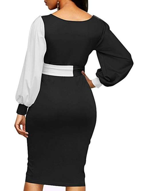 *WILD ROSE* Black White Contrast V Neck Bodycon Office Formal Dress - S/M/L/XL