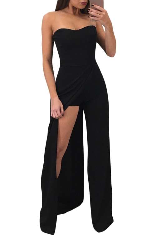 *WILD ROSE* Black Asymmetric Split Leg Strapless Jumpsuit - S/M/L