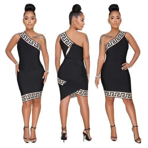 *WILD ROSE* Black One Shoulder Printed Bodycon Club Dress - S/M/L/XL