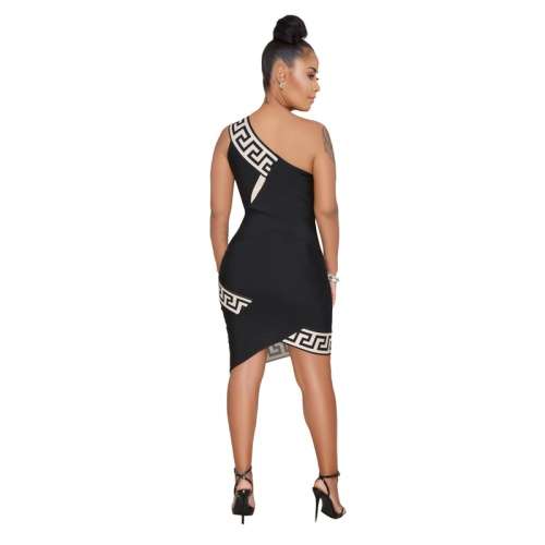 *WILD ROSE* Black One Shoulder Printed Bodycon Club Dress - S/M/L/XL
