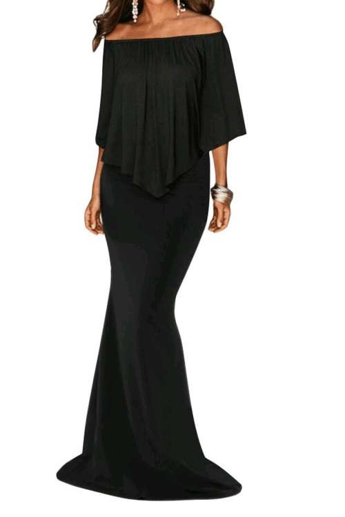 *WILD ROSE* Black Off Shoulder Overlay Ruffle Evening Dress - S/M/L/XL/2XL