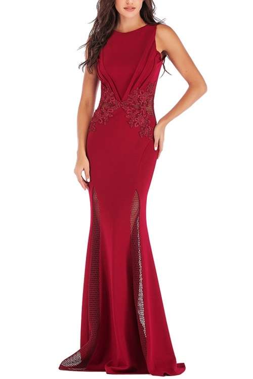 *WILD ROSE* Elegant Red Sleeveless Mesh & Lace Formal Evening Dress - M/L