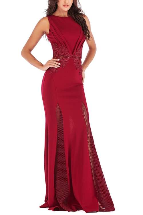 *WILD ROSE* Elegant Red Sleeveless Mesh & Lace Formal Evening Dress - M/L