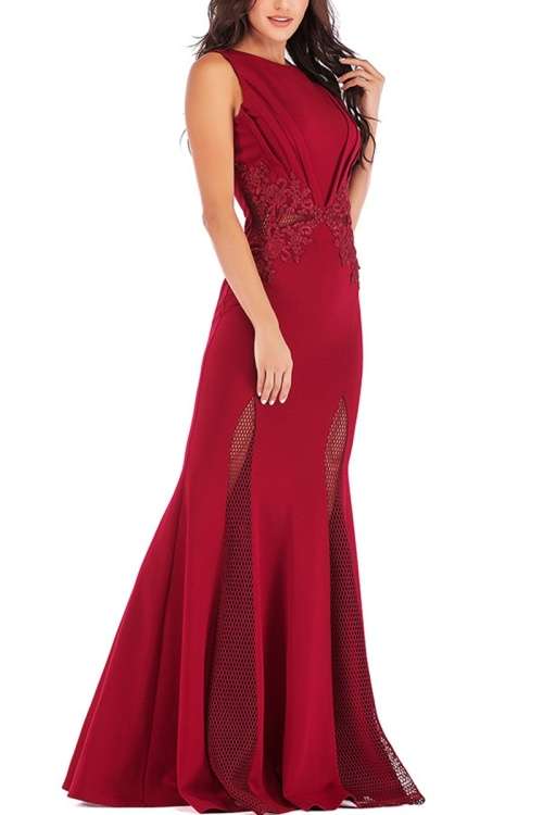 *WILD ROSE* Elegant Red Sleeveless Mesh & Lace Formal Evening Dress - M/L
