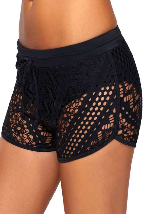 *WILD ROSE* Black Hollow Out Lace Overlay Swim Short Bottoms - S/M/L/XL/2XL