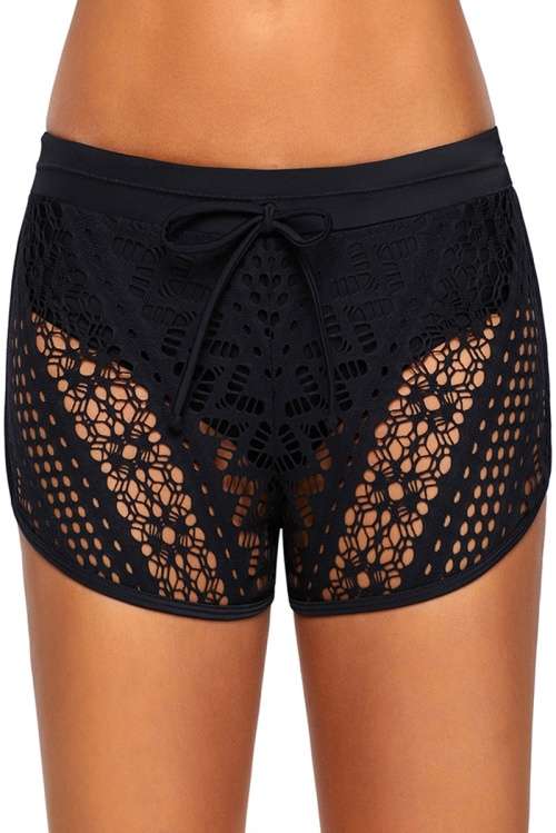 *WILD ROSE* Black Hollow Out Lace Overlay Swim Short Bottoms - S/M/L/XL/2XL