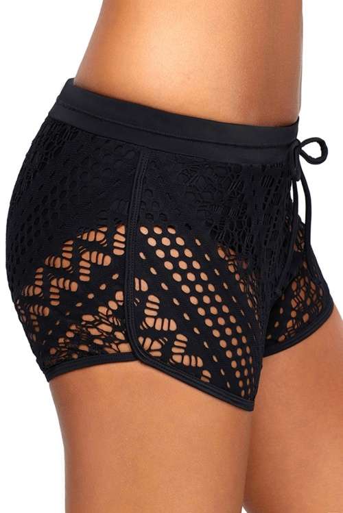 *WILD ROSE* Black Hollow Out Lace Overlay Swim Short Bottoms - S/M/L/XL/2XL