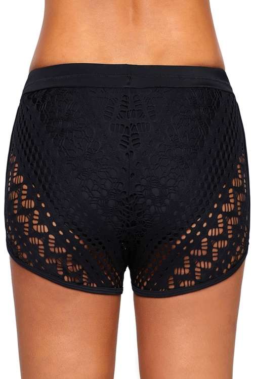 *WILD ROSE* Black Hollow Out Lace Overlay Swim Short Bottoms - S/M/L/XL/2XL