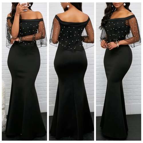 *LOCAL STOCK* Off Shoulder Black Beaded Mermaid Dress - MEDIUM