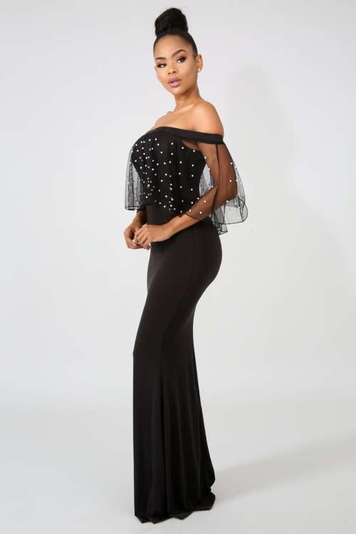 *LOCAL STOCK* Off Shoulder Black Beaded Mermaid Dress - MEDIUM