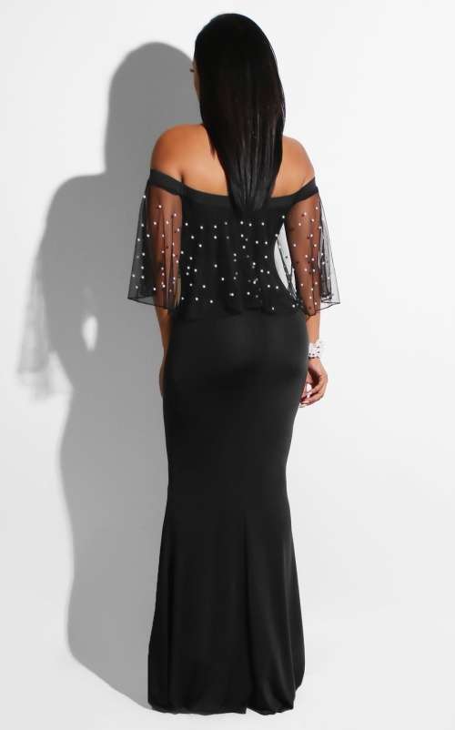 *LOCAL STOCK* Off Shoulder Black Beaded Mermaid Dress - MEDIUM