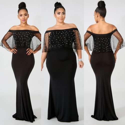 *LOCAL STOCK* Off Shoulder Black Beaded Mermaid Dress - MEDIUM