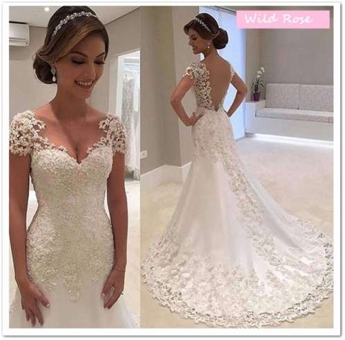 WILD ROSE* *CUSTOM* Ivory or White Backless Short Sleeve Lace Mermaid Wedding Dress - FREE SHIP!