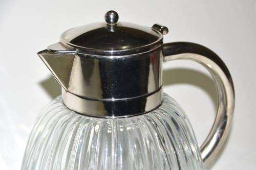 EXQUISITE MADE IN ITALY RIBBED GLASS AND SILVER PLATE BEVERAGE PITCHER WITH ICE INSERT