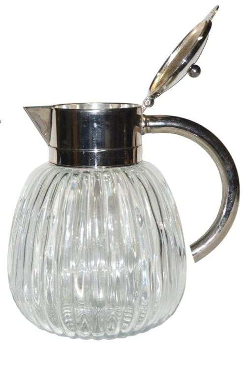 EXQUISITE MADE IN ITALY RIBBED GLASS AND SILVER PLATE BEVERAGE PITCHER WITH ICE INSERT
